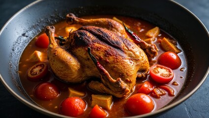 Guatemalan pepian chicken stew with tomatoes and chilies closeup