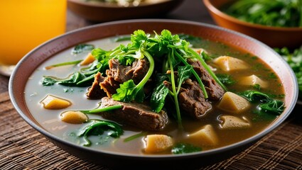 Malagasy romazava meat and greens in broth closeup