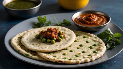 Wall Mural - Mauritian dholl puri flatbread with split peas and chutney closeup