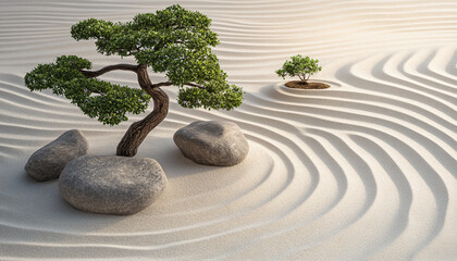 Wall Mural - A minimalist scene of a Japanese rock garden with perfectly raked sand, smooth stones, and a bonsai tree