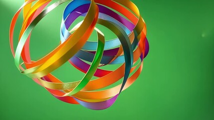 Poster - vibrant bunch of rainbow colored ribbons is rotating and swirling on a solid green screen background
