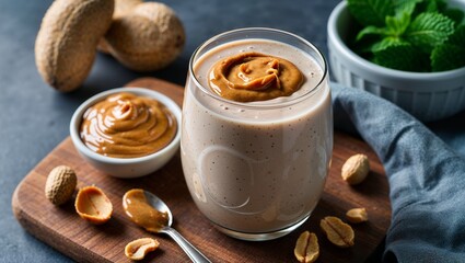 Protein packed smoothie with peanut butter closeup