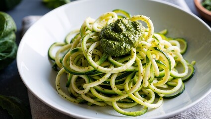 Spiralized zucchini noodles with pesto sauce closeup