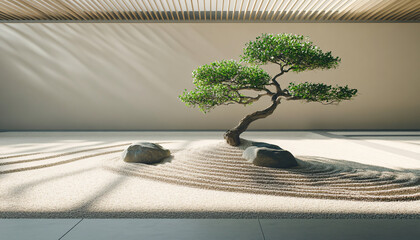 Wall Mural - A minimalist scene of a Japanese rock garden with perfectly raked sand, smooth stones, and a bonsai tree