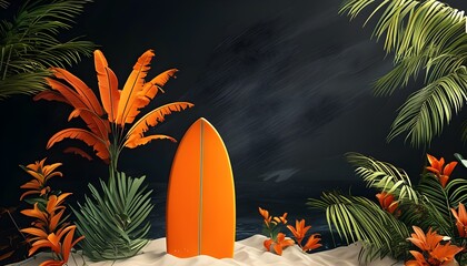 Vibrant orange surfboard on sleek black background, ideal for summer and beach-themed artwork and designs