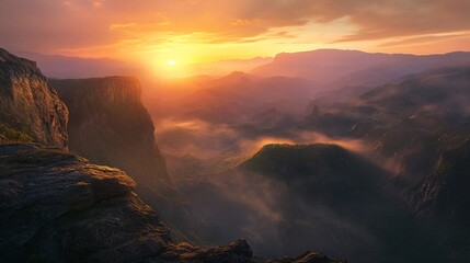 Dramatic mountain landscape with a fiery sunset and wispy clouds.