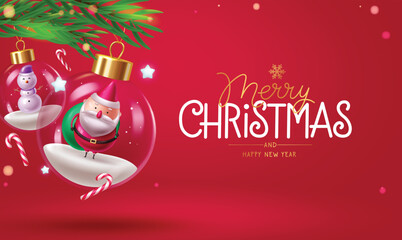 Wall Mural - Merry christmas greeting vector design. Christmas greeting text with santa claus and snowman character in hanging glass crystal balls, candy cane and spruce leaves elements for xmas bauble decoration 