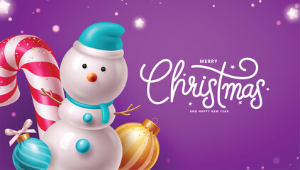 Canvas Print - Christmas greeting vector design. Snowman character with candy cane, pattern balls and shining stars for holiday season greeting in purple snow winter background. Vector illustration happy new year 