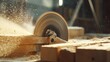© pinporn manosri - A large circular saw cutting through wood, sawdust flying in a construction site.