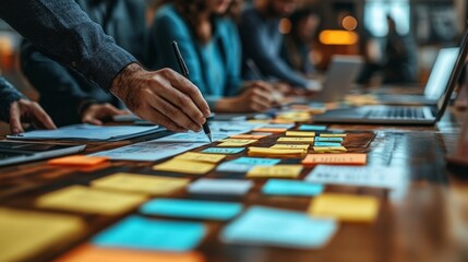 Poster - A team of professionals gathered around a large table sharing ideas with sticky notes