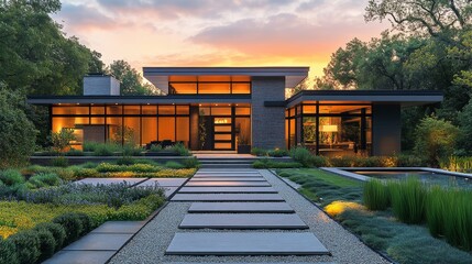 Poster - modern house exterior at sunset architectural glass windows