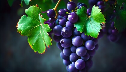 Wall Mural - vibrant cluster of dark purple grapes nestled among fresh green leaves