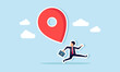 © B Design - A businessman running to avoid a falling location pin, an illustration of a project location offer that does not align with project management system calculations.