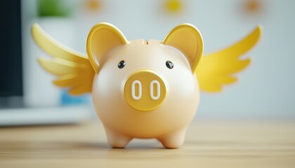 A whimsical piggy bank with wings symbolizes savings, dreams, and financial freedom, adding a playful touch to personal finance.