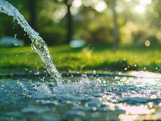 Wall Mural - Water flows from a pipe into a puddle on a sunny day