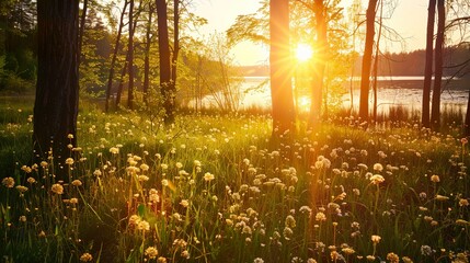 Wall Mural - Sunrise_Flowers_Forest_Lake_Colourbox_Nature_com