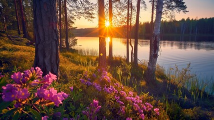 Wall Mural - Sunrise_Flowers_Forest_Lake_Colourbox_Nature_com