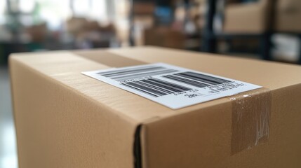 Aufkleber - Close-up of a package label on a cardboard box, with barcodes and fragile stickers.