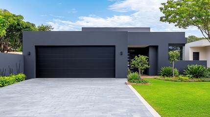 Wall Mural - A modern, minimalist house with a black garage door, surrounded by greenery and a neatly paved driveway under a clear blue sky.