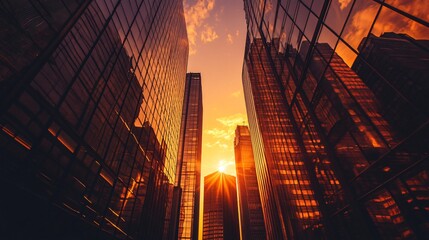 Sticker - Golden hour light shines through the glass windows of skyscrapers.