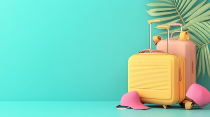 A blue background with two yellow suitcases and a pink hat