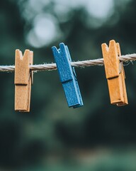 Colorful Clothespins Hanging on a Line Outdoors