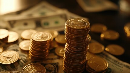 Piles of stacked gold coins on a table, with scattered currency bills in the background.