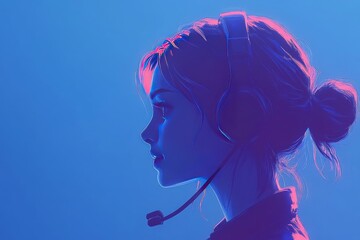 Wall Mural - Rear profile of a woman wearing a headset surrounded by blue light symbolizing tech driven productivity modern communication and digital work in a calm professional environment