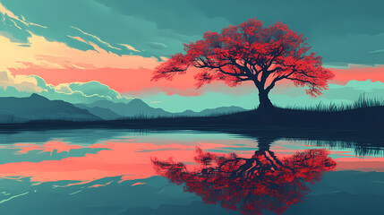 A lonely tree with a reflection in the water. bright landscape, pop surrealism style. Pop Surrealism. Illustration