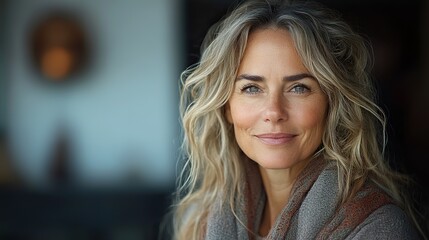 Wall Mural - A smiling mature woman at the beach delights in the sunny weather, embodying a natural and relaxed lifestyle.