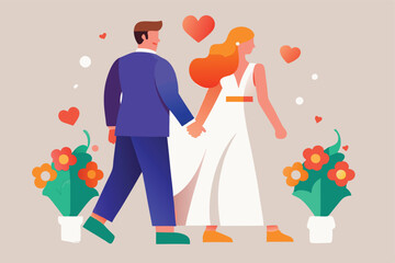 A couple walking down the aisle, drawn with simple shapes.