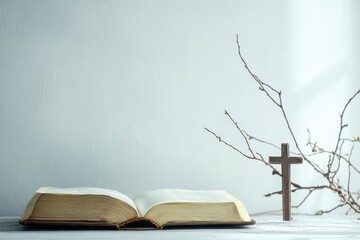 Wall Mural - Holy Bible, cross and branch on light background with space for text .generative ai