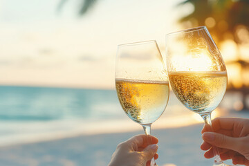 Wall Mural - Two glasses of champagne clinking on the beach at sunset, close-up. A couple toasting with white wine on vacation in an exotic island resort or hotel. Summer travel concept. 