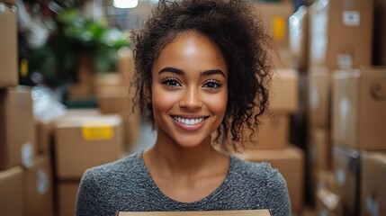 Wall Mural - A smiling woman holds a cardboard box, preparing to move or organize her belongings.