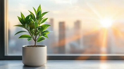 A vibrant green plant in a modern pot, set against a sunlit window