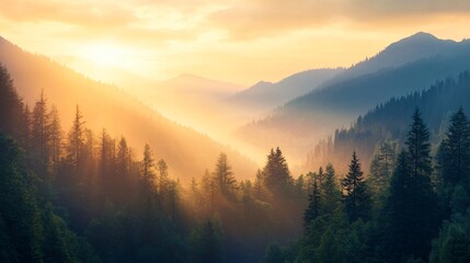 Wall Mural - Misty mountain valley with tall trees illuminated by warm sunset light.