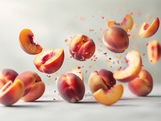 Wall Mural - Various falling fresh ripe peach on light white background, horizontal composition