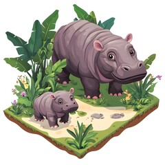 Wall Mural - Isometric Rendering of an Adorable Baby Pygmy Hippopotamus by Pond in Lush Greenery - Realistic 3D Rendering of Cute Animal Scene.