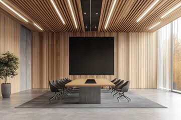 Modern wooden and concrete meeting room interior with furniture and black mock up screen. 3D Rendering .generative ai