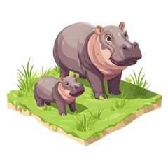 Wall Mural - Isometric Rendering of an Adorable Baby Pygmy Hippopotamus by Pond in Lush Greenery - Realistic 3D Rendering of Cute Animal Scene.