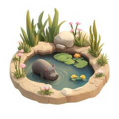 Wall Mural - Isometric Rendering of an Adorable Baby Pygmy Hippopotamus by Pond in Lush Greenery - Realistic 3D Rendering of Cute Animal Scene.