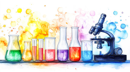 Watercolor science lab background with test tubes