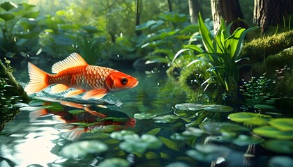 Underwater Enchantment: Fish Navigating a Forest Pond Surrounded by Lush Greenery in a Highly Detailed Scene