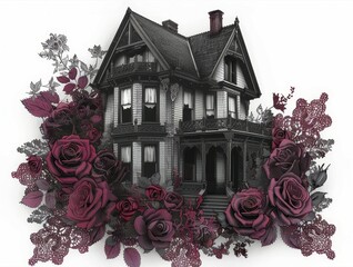 Wall Mural - Digital artwork of a gothic Victorian house surrounded by burgundy roses and intricate lace patterns, blending architectural elegance with dark floral beauty.