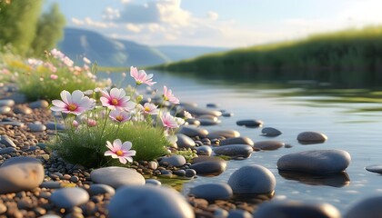 Serene riverbank adorned with blooming flowers and smooth pebbles, capturing the beauty of nature in photorealistic detail