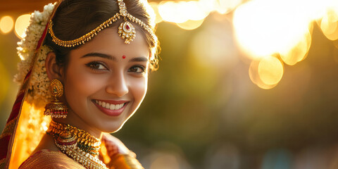 A young Indian woman smiling, wearing traditional attire and jewelry, generative AI