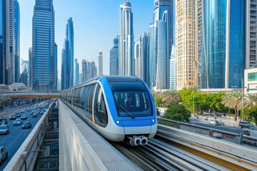 Monorail Subway train rides among glass skyscrapers in Dubai. Traffic on street in Dubai. Museum of the Future in Dubai. Cityscape skyline. Urban background. generative ai