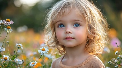 Child Among Wildflowers in Beautiful Meadow Setting