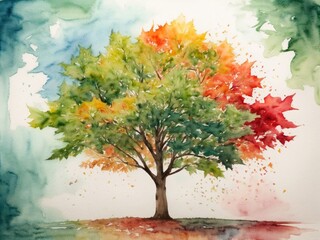 Poster - watercolor Colorful tree with leaves