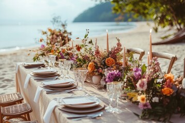 On the beach there are festive tables and chairs. Or a wedding table decorated with beautiful floral elements and candles? On the table were also glasses, plates, and cutlery. generative ai